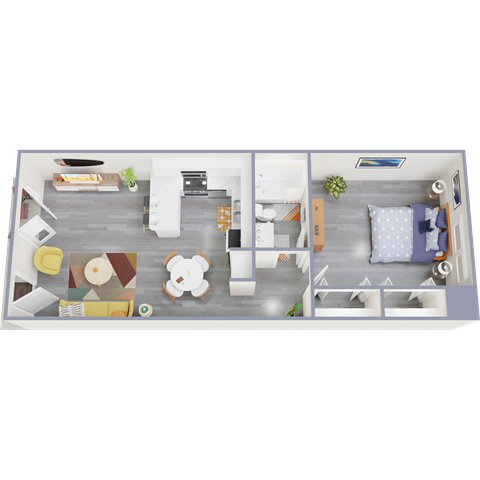 Floor plan for 1 bed, 1 bath, 677 sqft